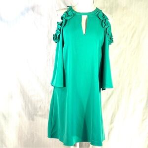 TCEC Dress Green Cold Shoulder with Ruffles Bell Sleeves A Line  M
